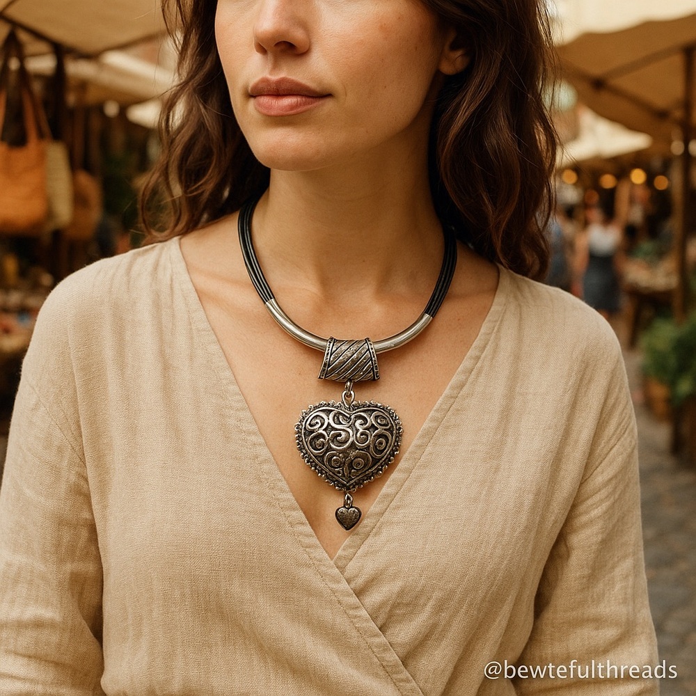 Statement Heart Pendant Necklace Silver tone Filigree Black Cord Vintage Style